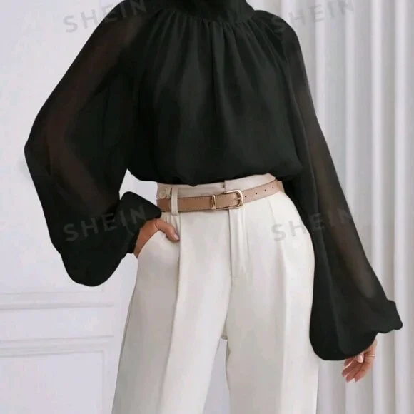 SHEIN Prive` Women's Stand Collar Raglan Lantern Sleeve Shirt - Picture 2 of 7